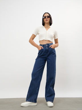 Off-White V-Neck Button Down Crop Top -SASSAFRAS