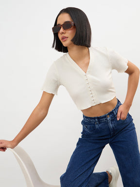 Women Off-White V-Neck Button Down Crop Top