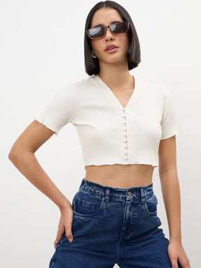 Women Off-White V-Neck Button Down Crop Top