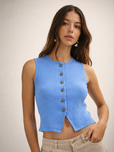 Blue Round Neck Button Down Sleeveless Top-SASSAFRAS