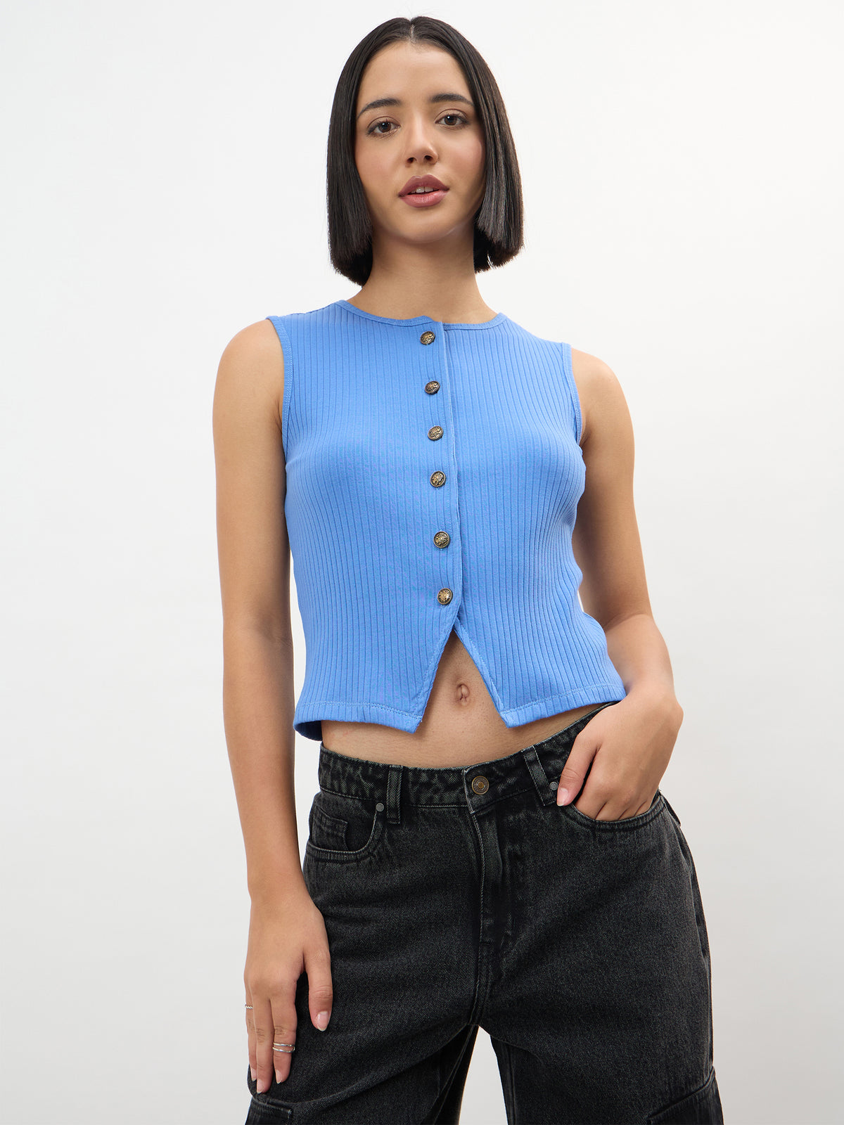 Blue Round Neck Button Down Sleeveless Top-SASSAFRAS