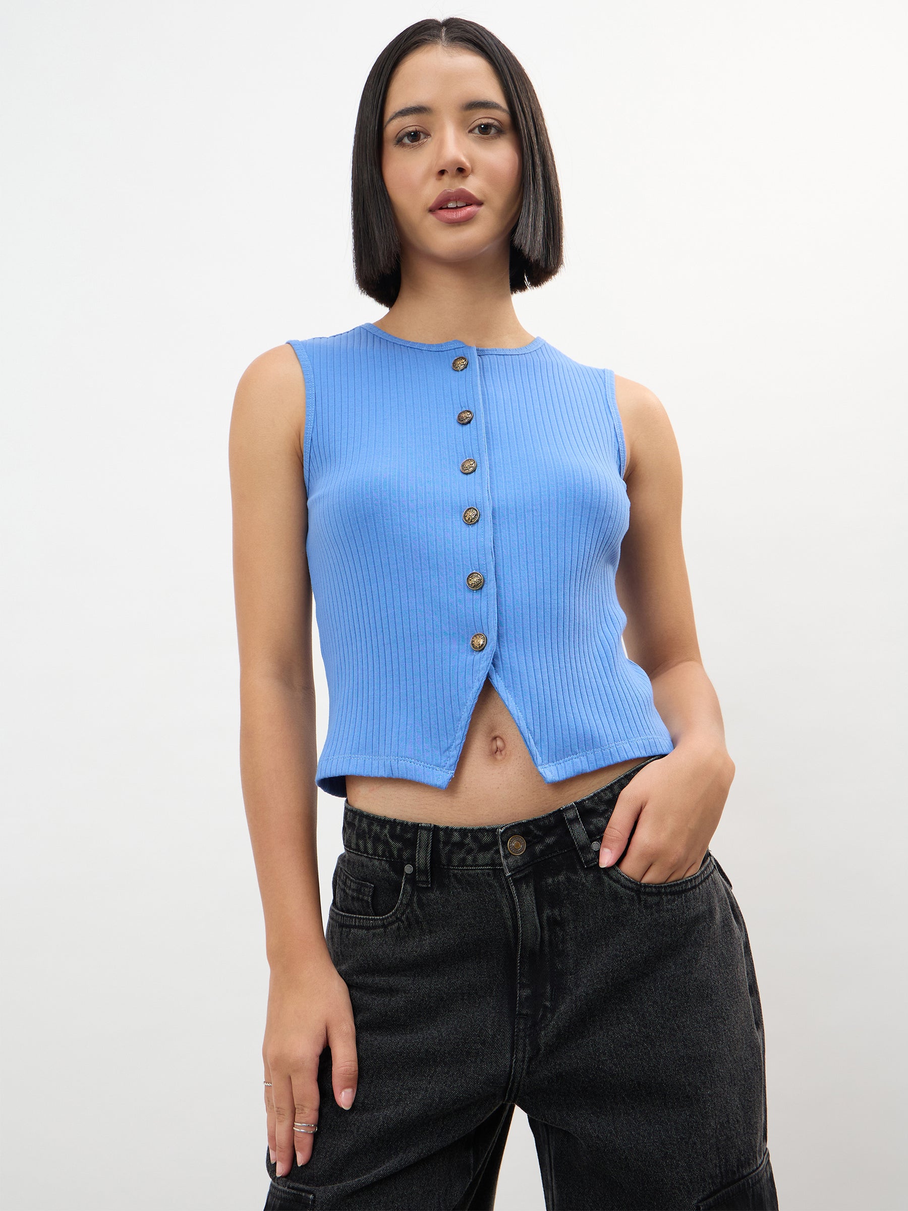 Blue Round Neck Button Down Sleeveless Top-SASSAFRAS