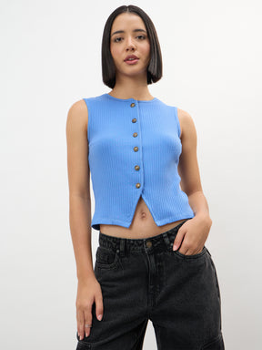 Blue Round Neck Button Down Sleeveless Top-SASSAFRAS