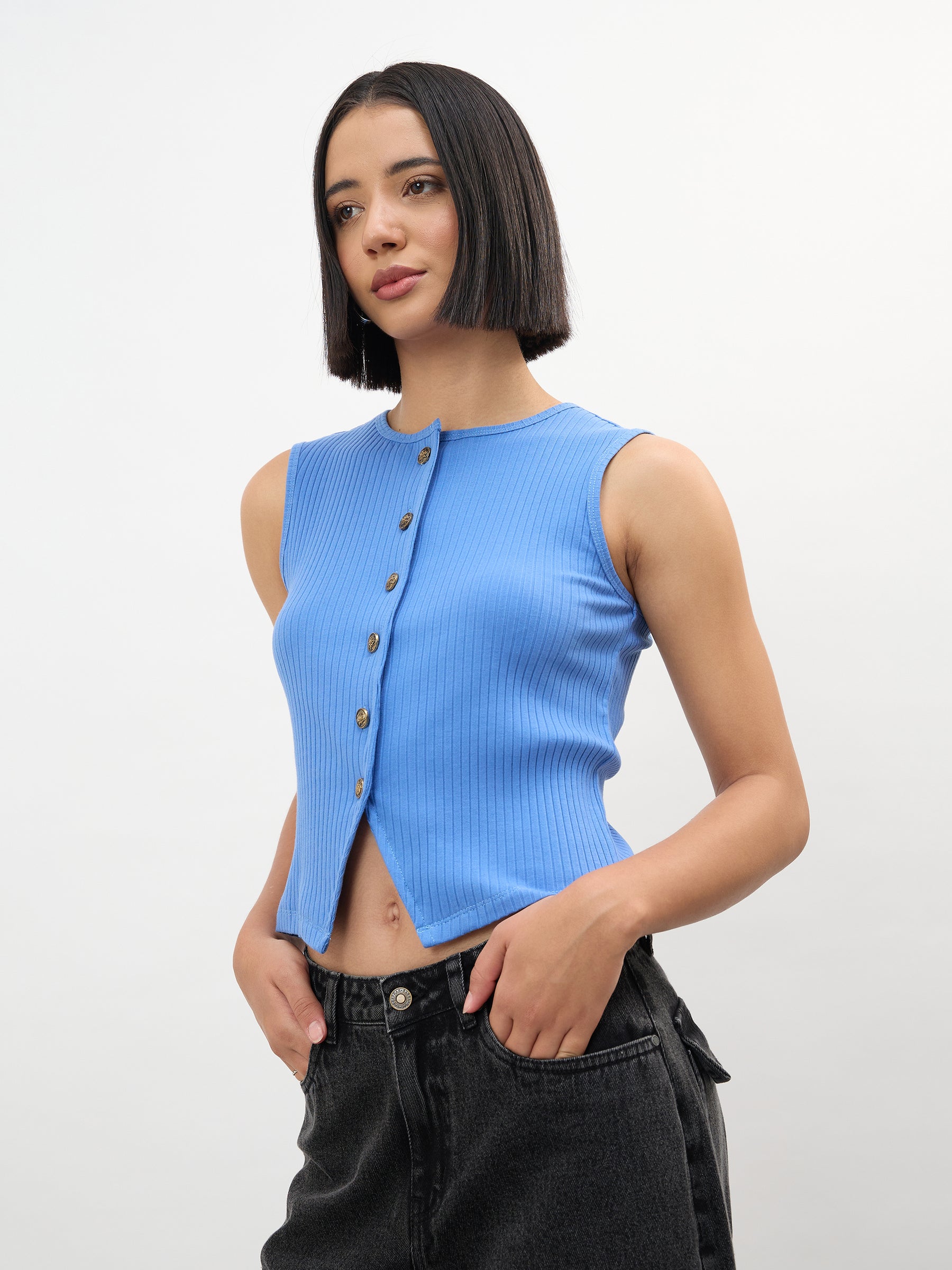 Blue Round Neck Button Down Sleeveless Top-SASSAFRAS
