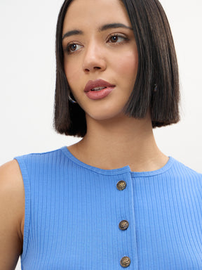 Blue Round Neck Button Down Sleeveless Top-SASSAFRAS