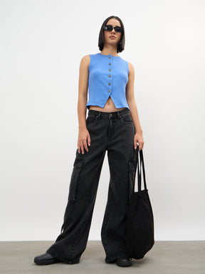 Blue Round Neck Button Down Sleeveless Top-SASSAFRAS