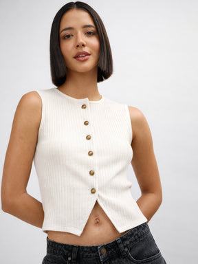 Off-White Round Neck Button Down Sleeveless Top-SASSAFRAS