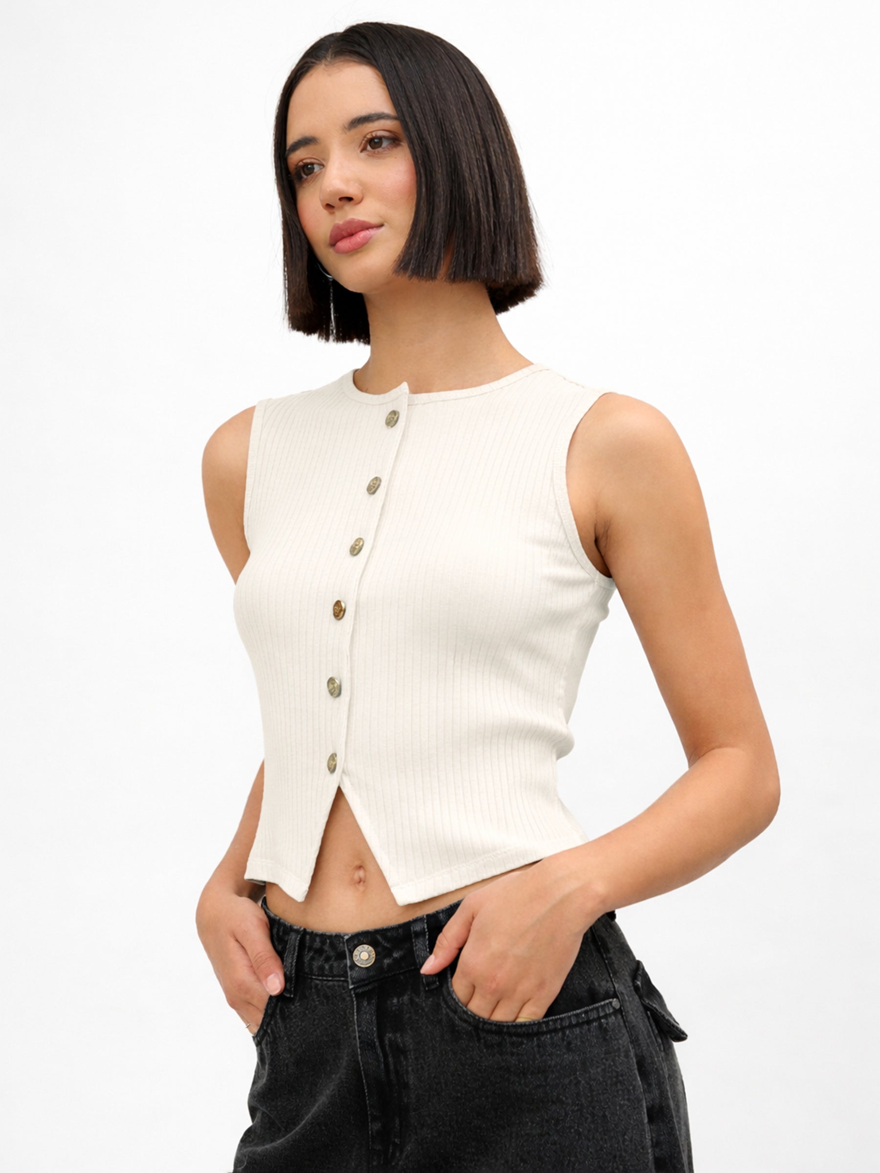 Off-White Round Neck Button Down Sleeveless Top-SASSAFRAS