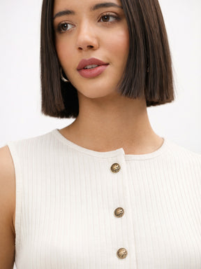 Off-White Round Neck Button Down Sleeveless Top-SASSAFRAS