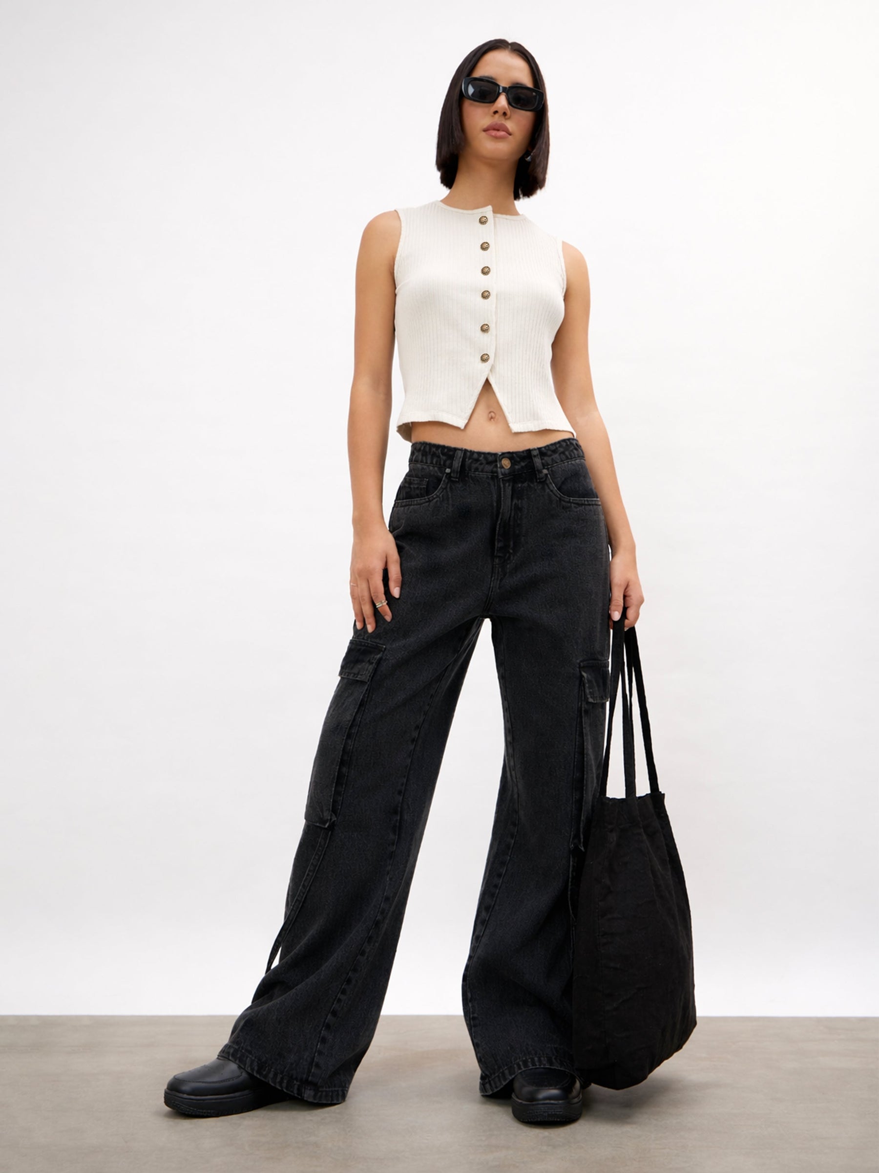 Women Off-White Round Neck Button Down Sleeveless Top