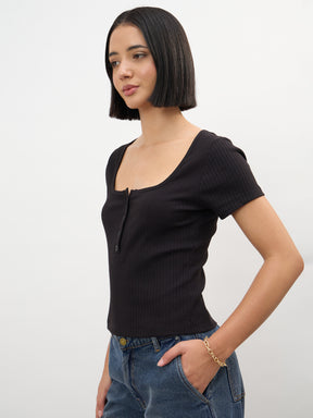 Black Square-Neck Regular Top-SASSAFRAS