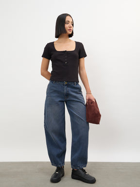 Black Square-Neck Regular Top-SASSAFRAS