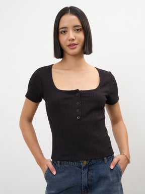 Women Black Square-Neck Regular Top