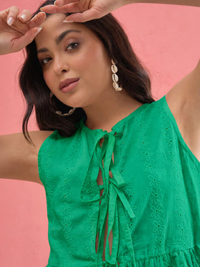 Green Schiffli Front Knot Sleeveless Peplum Top-SASSAFRAS