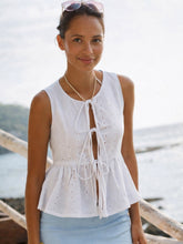 White Schiffli Front Knot Sleeveless Peplum Top-SASSAFRAS