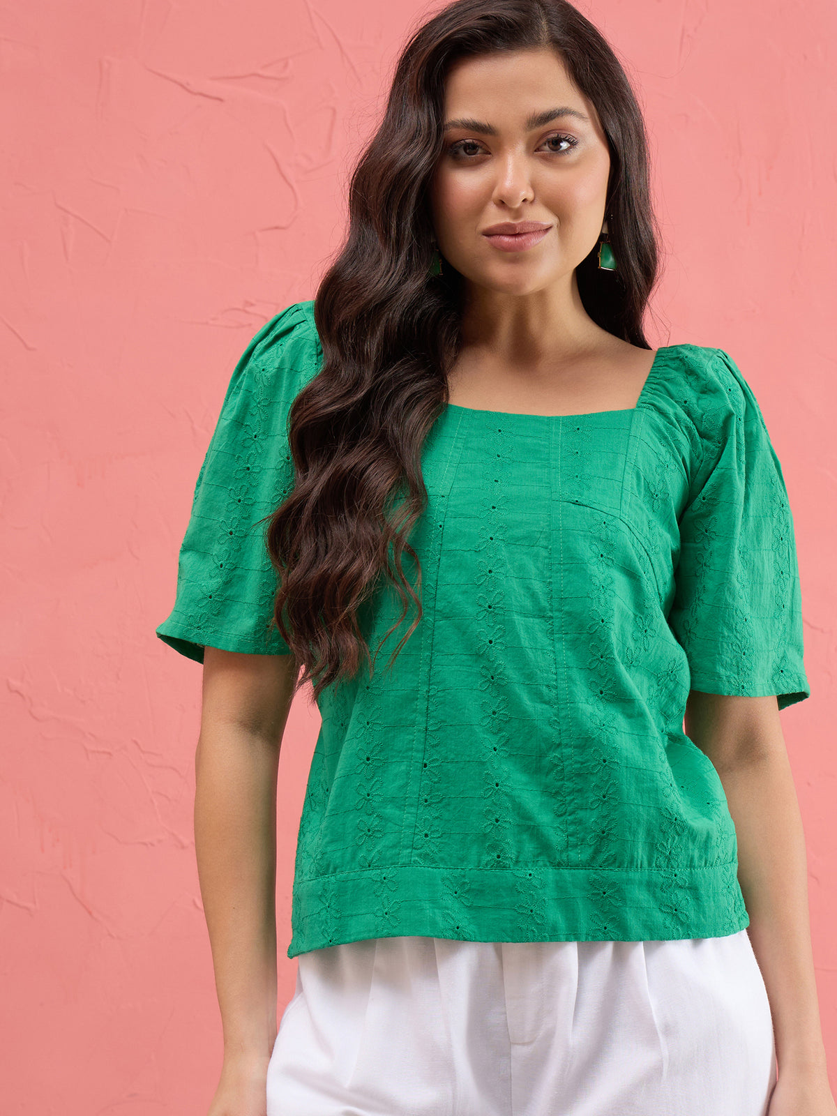 Green Schiffli Square Neck Smoked Top-SASSAFRAS
