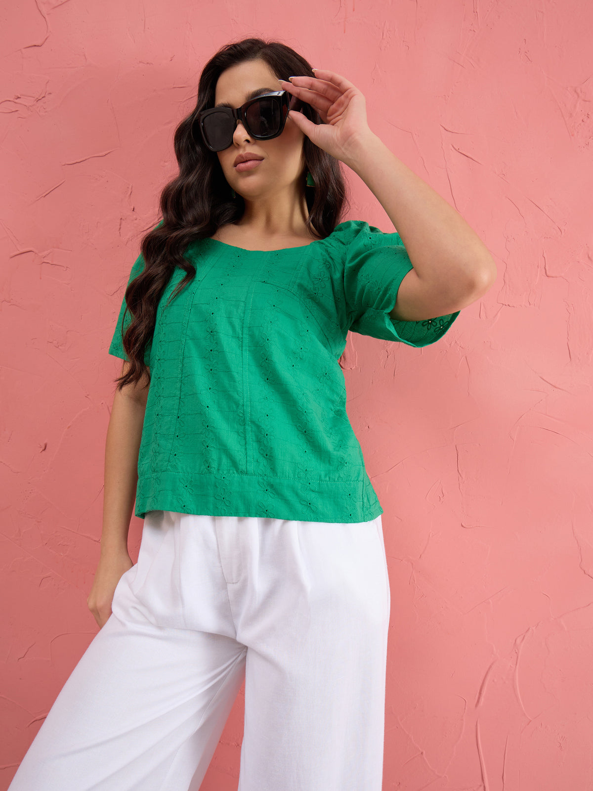 Green Schiffli Square Neck Smoked Top-SASSAFRAS