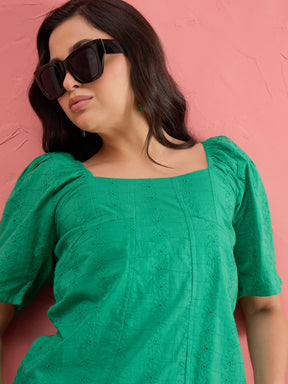 Green Schiffli Square Neck Smoked Top-SASSAFRAS