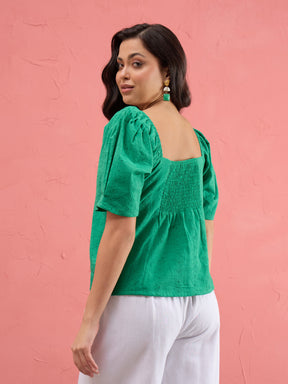 Women Green Schiffli Square Neck Smoked Top