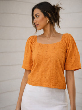 Rust Schiffli Square Neck Smoked Top-SASSAFRAS