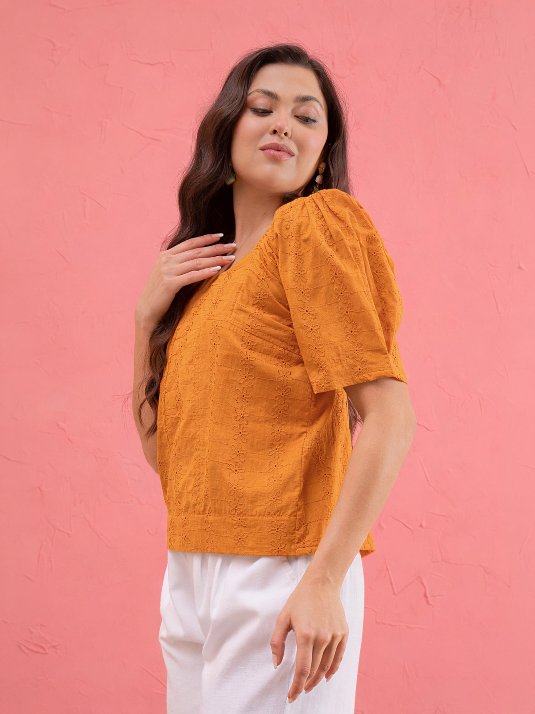 Rust Schiffli Square Neck Smoked Top-SASSAFRAS