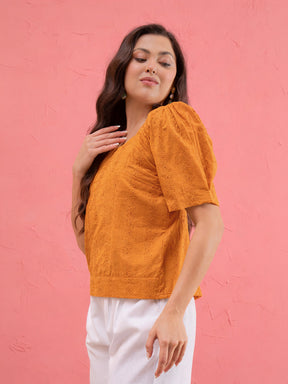 Rust Schiffli Square Neck Smoked Top-SASSAFRAS