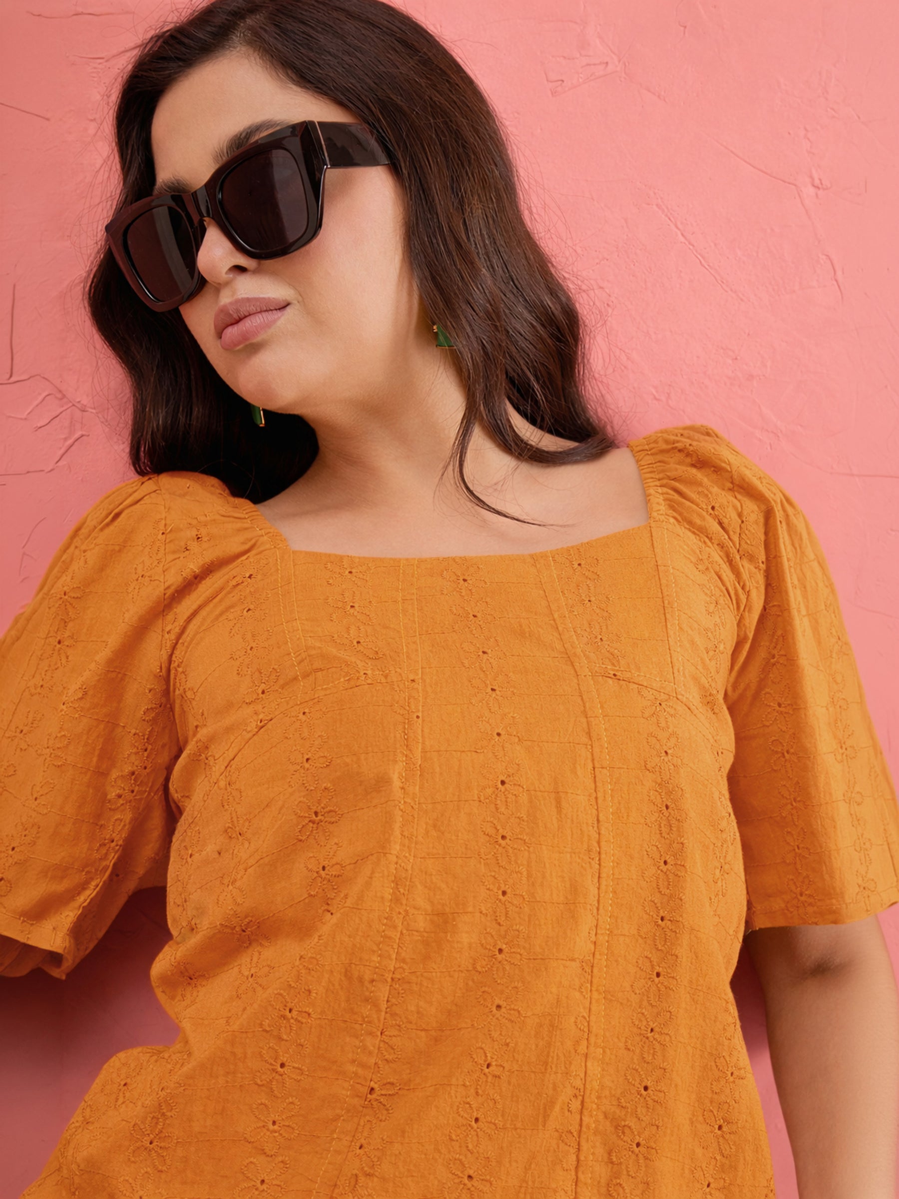 Rust Schiffli Square Neck Smoked Top-SASSAFRAS