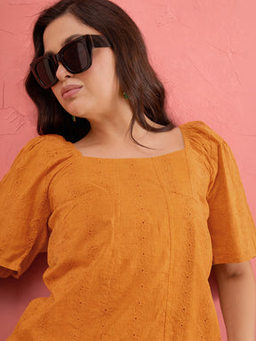 Rust Schiffli Square Neck Smoked Top-SASSAFRAS