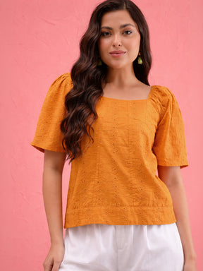 Rust Schiffli Square Neck Smoked Top-SASSAFRAS