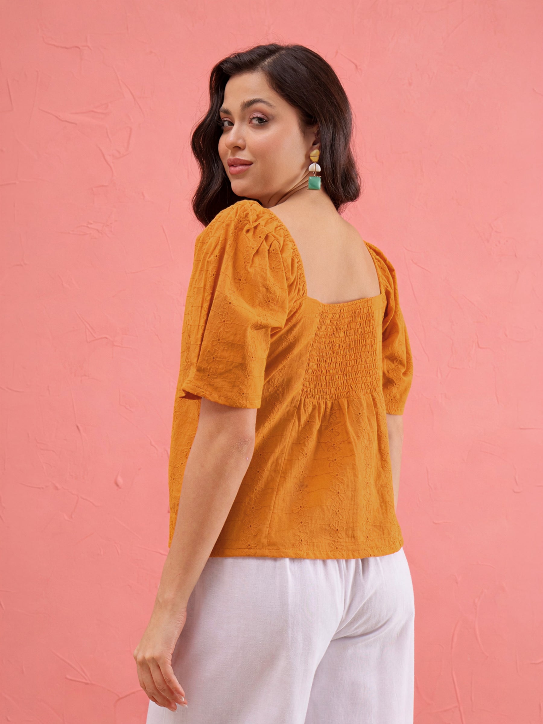 Women Rust Schiffli Square Neck Smoked Top