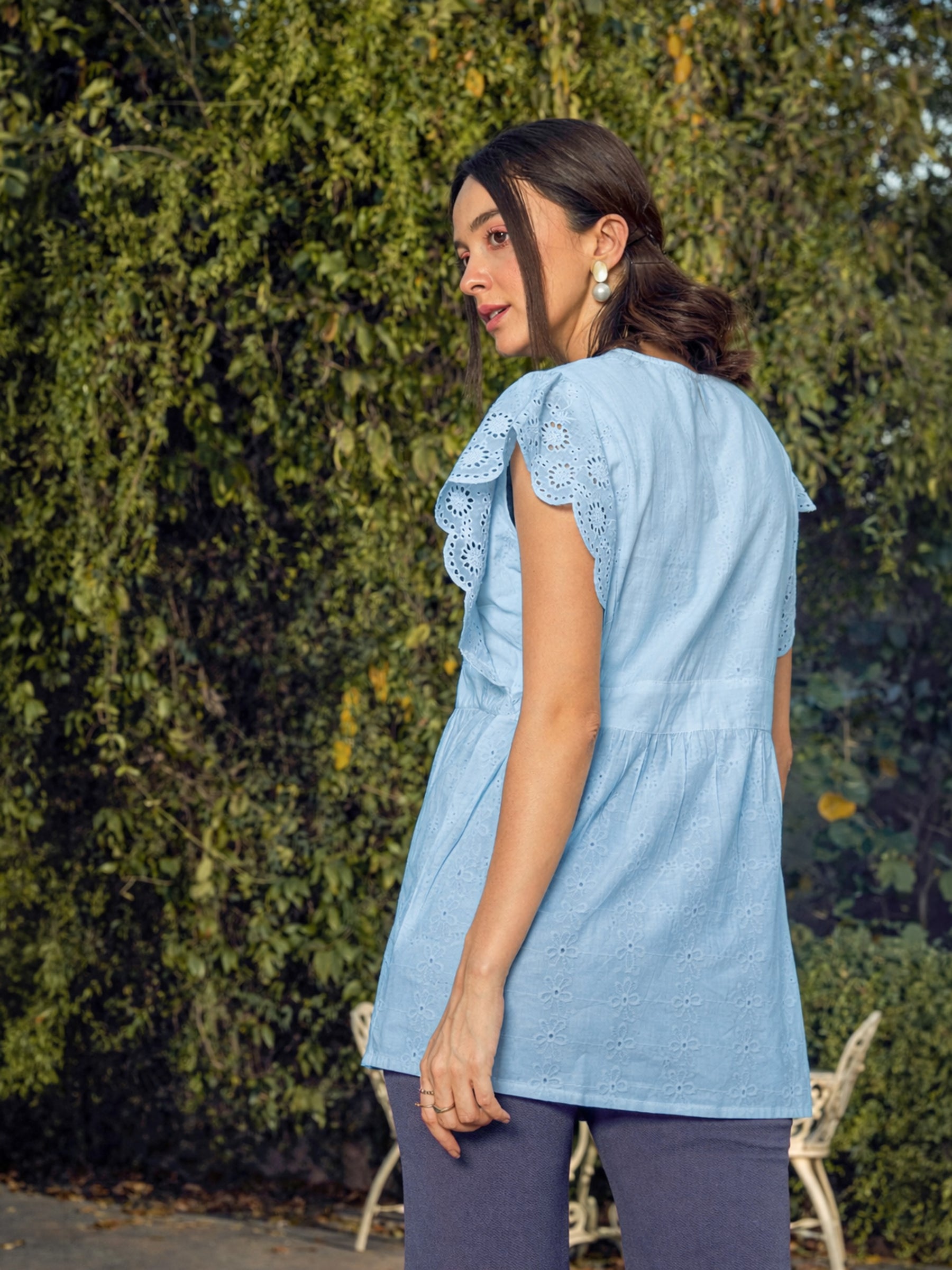 Blue Schiffli V-Neck Top-SASSAFRAS