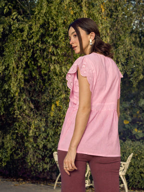 Pink Schiffli V-Neck Top-SASSAFRAS