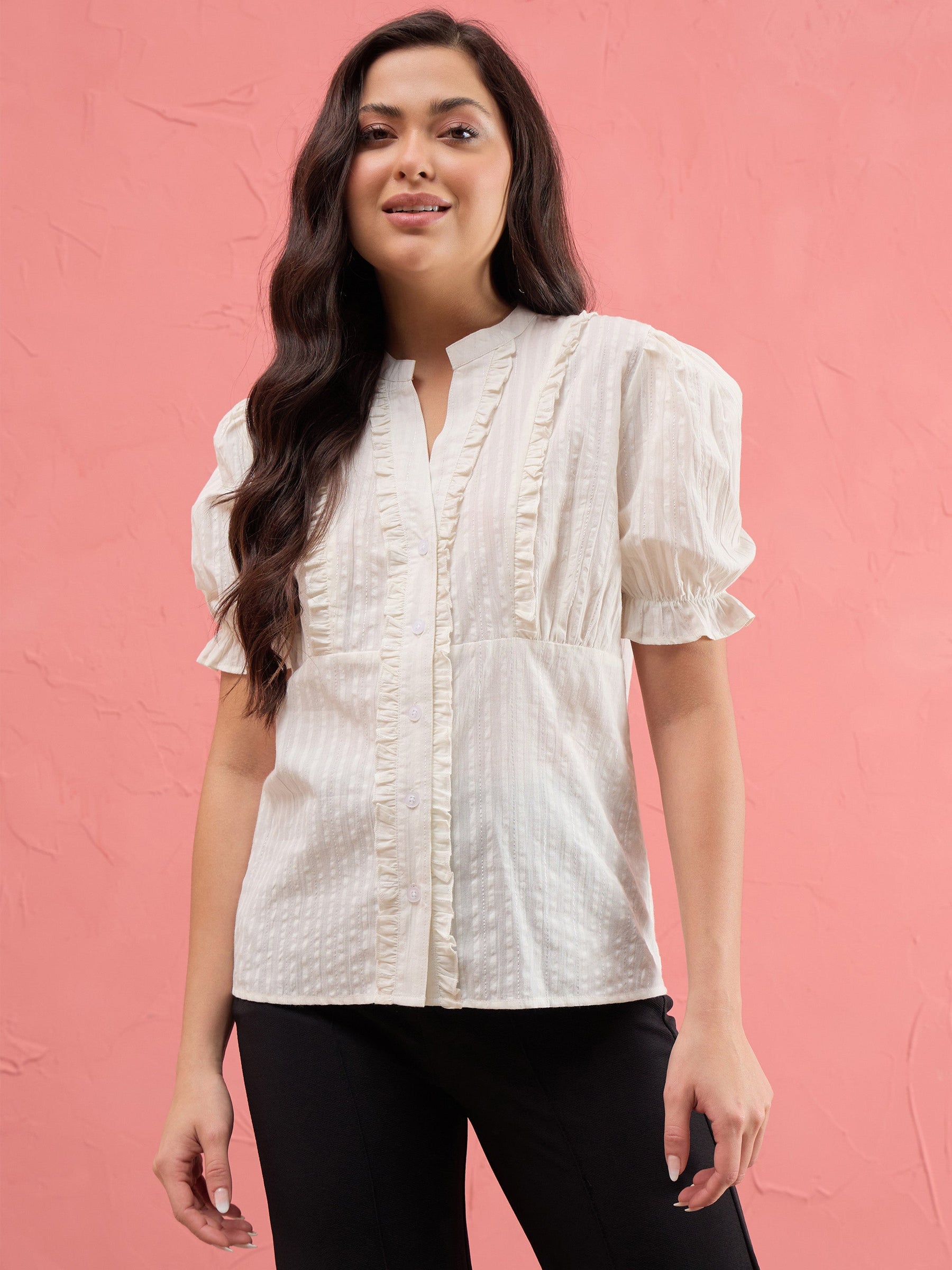 Women White Frill Placket Regular Top