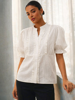 Women White Frill Placket Regular Top