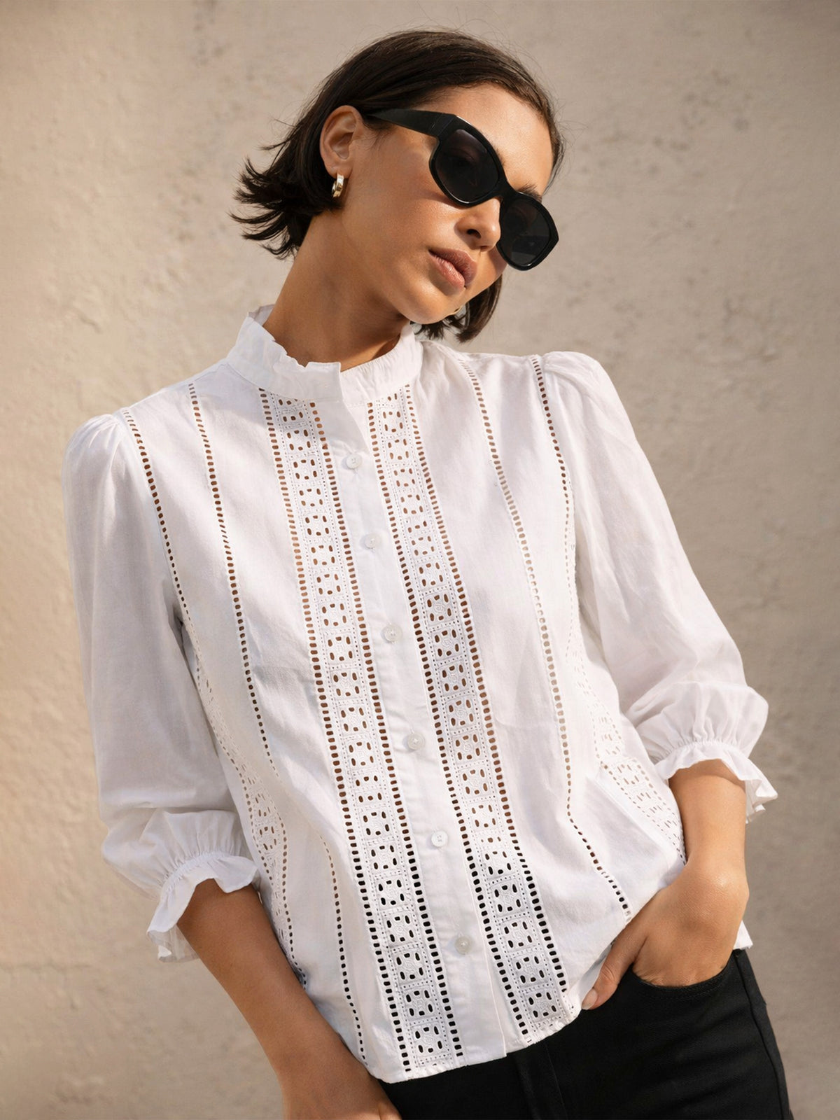 White Poplin Mandarin Collar Lace Top -SASSAFRAS
