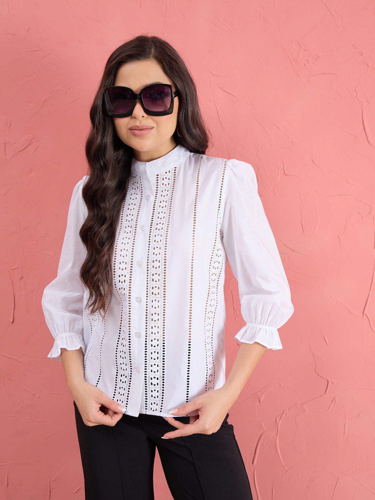 White Poplin Mandarin Collar Lace Top -SASSAFRAS