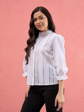 White Poplin Mandarin Collar Lace Top -SASSAFRAS