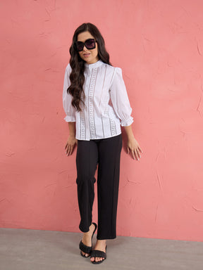 White Poplin Mandarin Collar Lace Top -SASSAFRAS