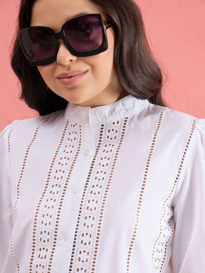 Women White Poplin Mandarin Collar Lace Top