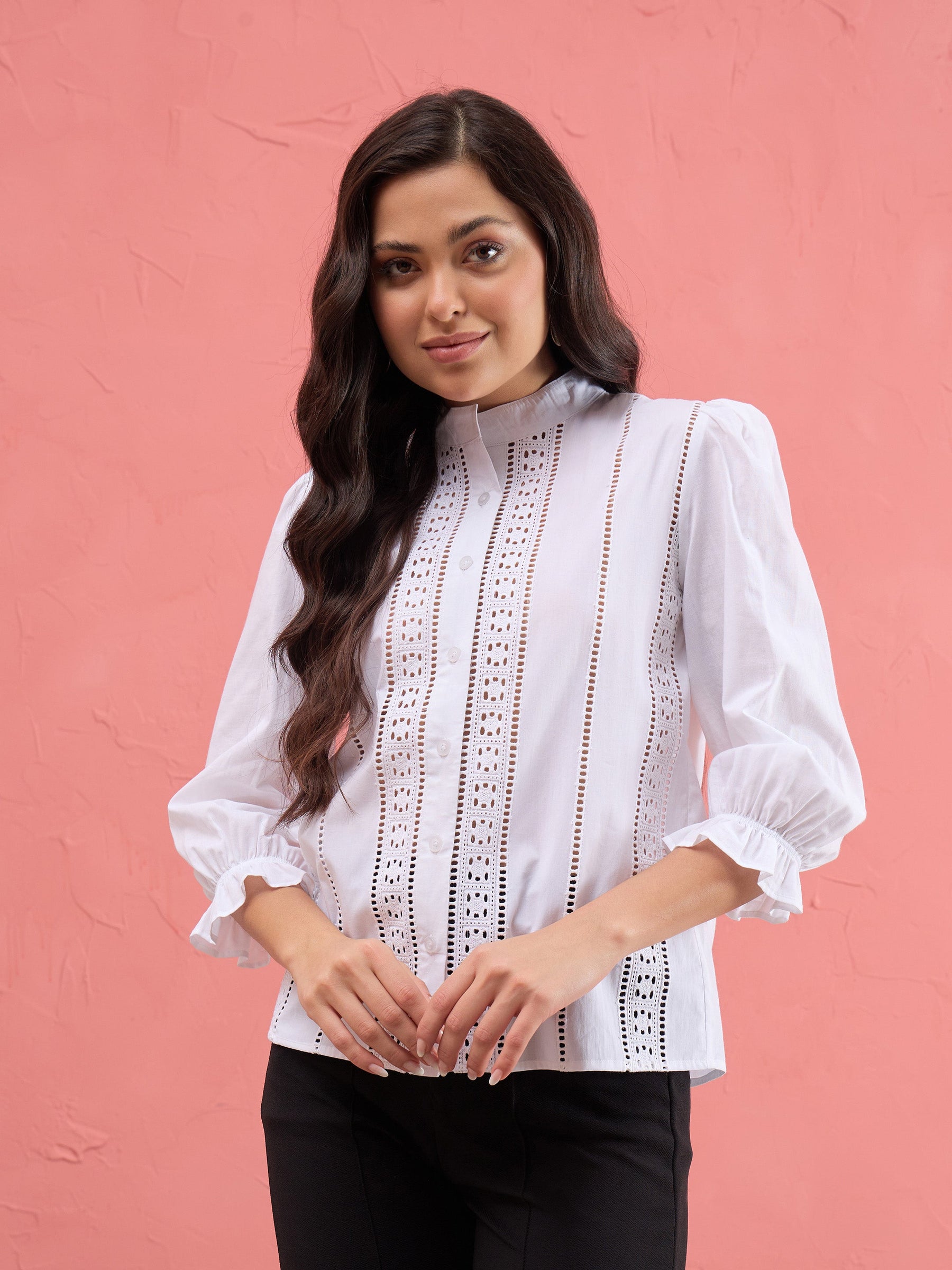 Women White Poplin Mandarin Collar Lace Top
