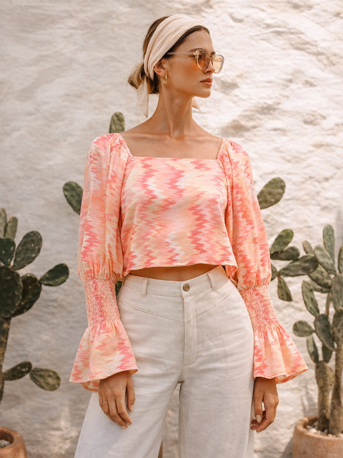 Orange Ikat Print Square Neck Regular Top-SASSAFRAS