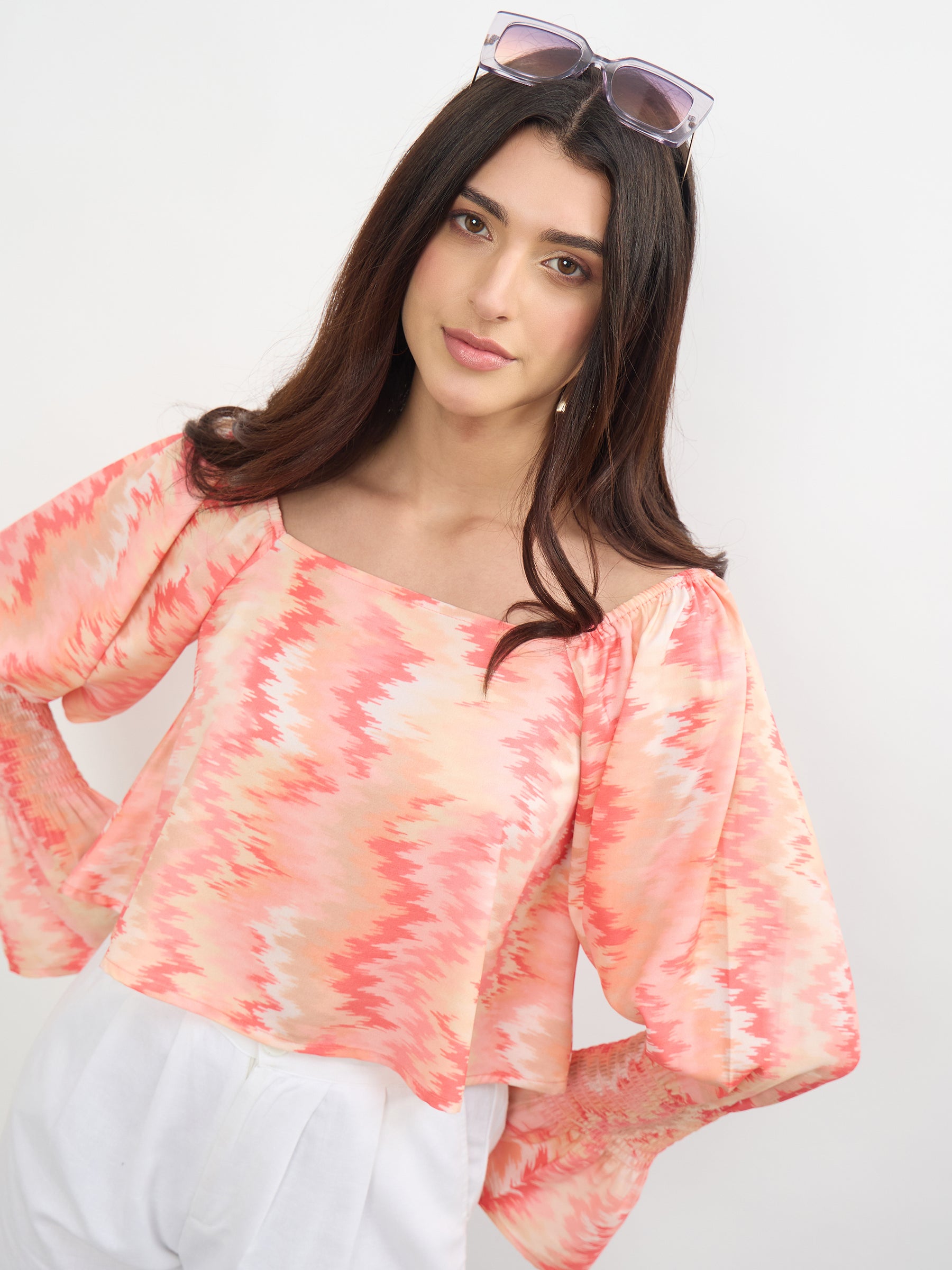 Orange Ikat Print Square Neck Regular Top-SASSAFRAS