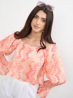 Orange Ikat Print Square Neck Regular Top-SASSAFRAS