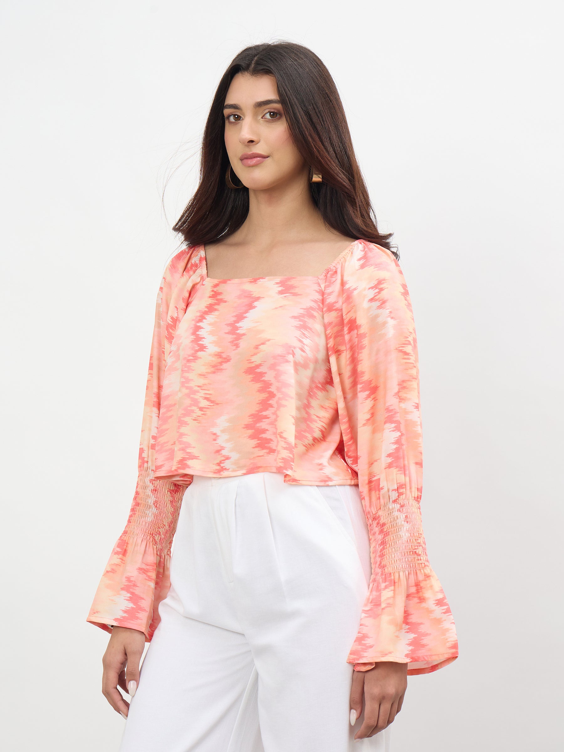 Orange Ikat Print Square Neck Regular Top-SASSAFRAS