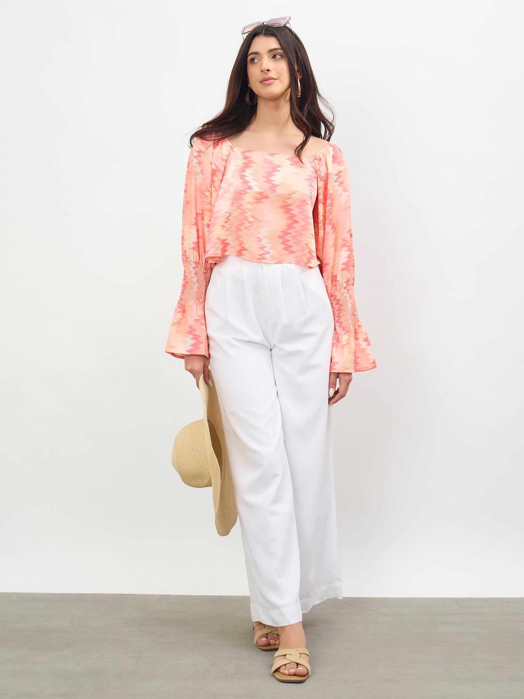 Orange Ikat Print Square Neck Regular Top-SASSAFRAS