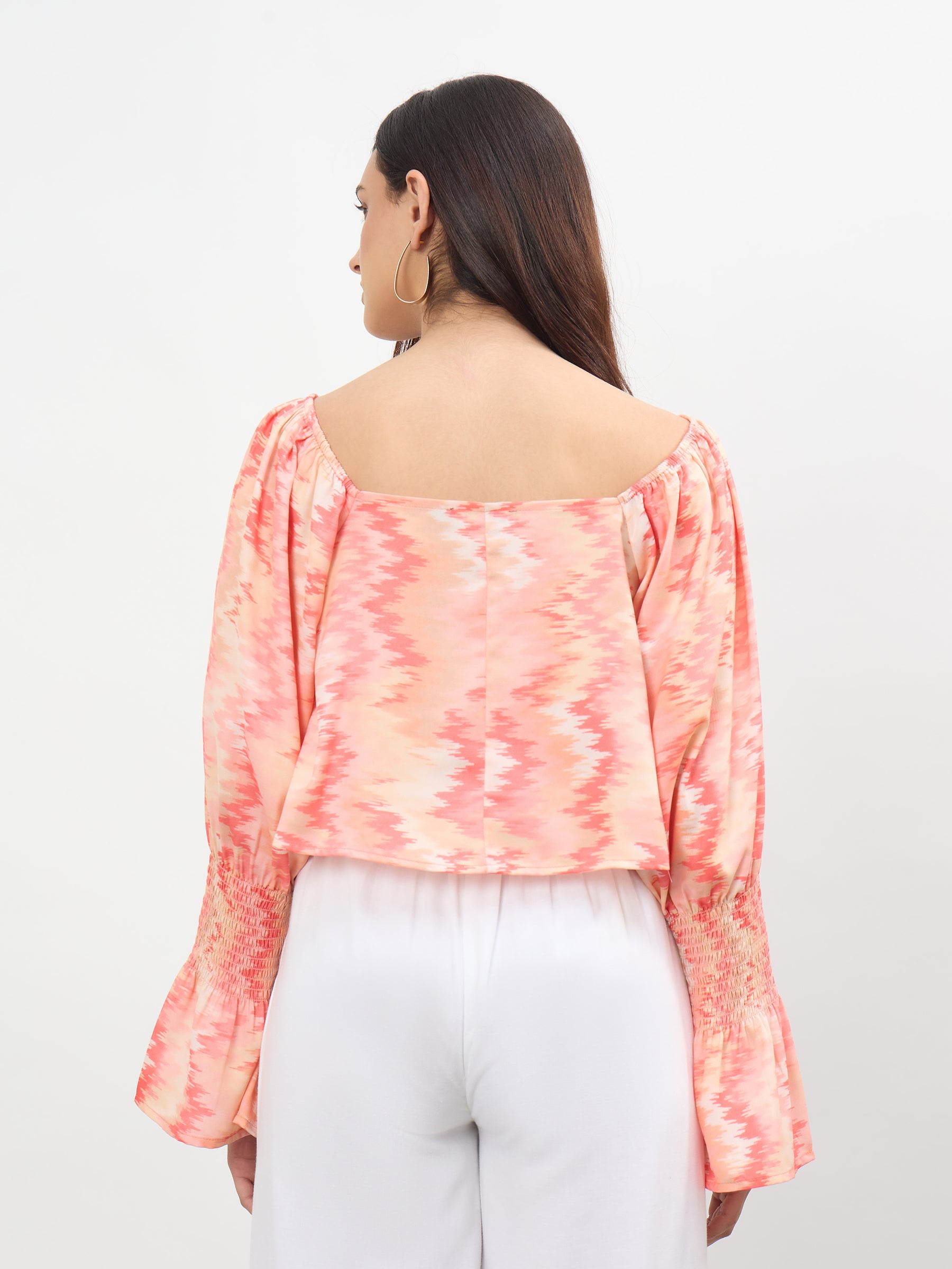 Orange Ikat Print Square Neck Regular Top-SASSAFRAS