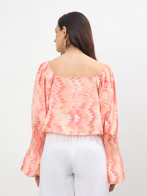Orange Ikat Print Square Neck Regular Top-SASSAFRAS