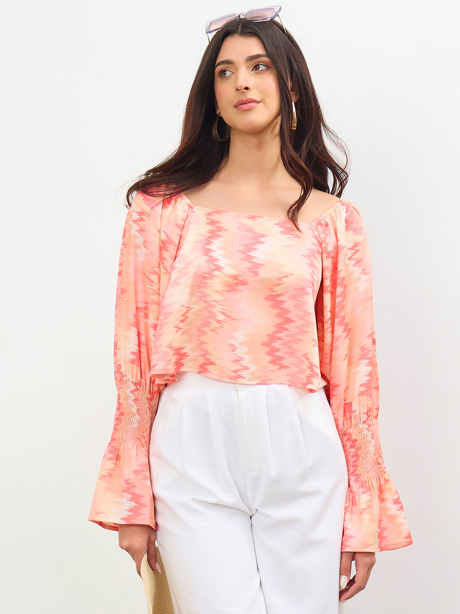 Women Orange Ikat Print Square Neck Regular Top