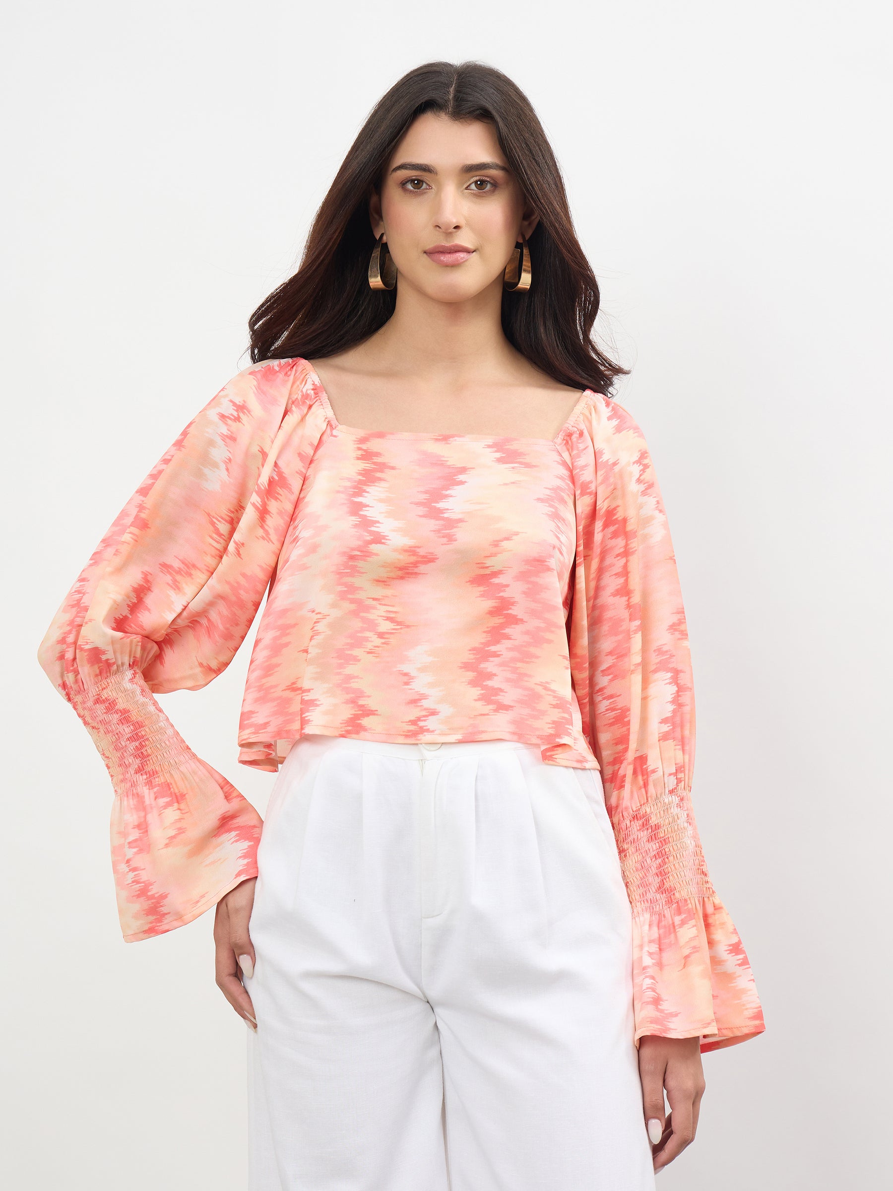 Women Orange Ikat Print Square Neck Regular Top