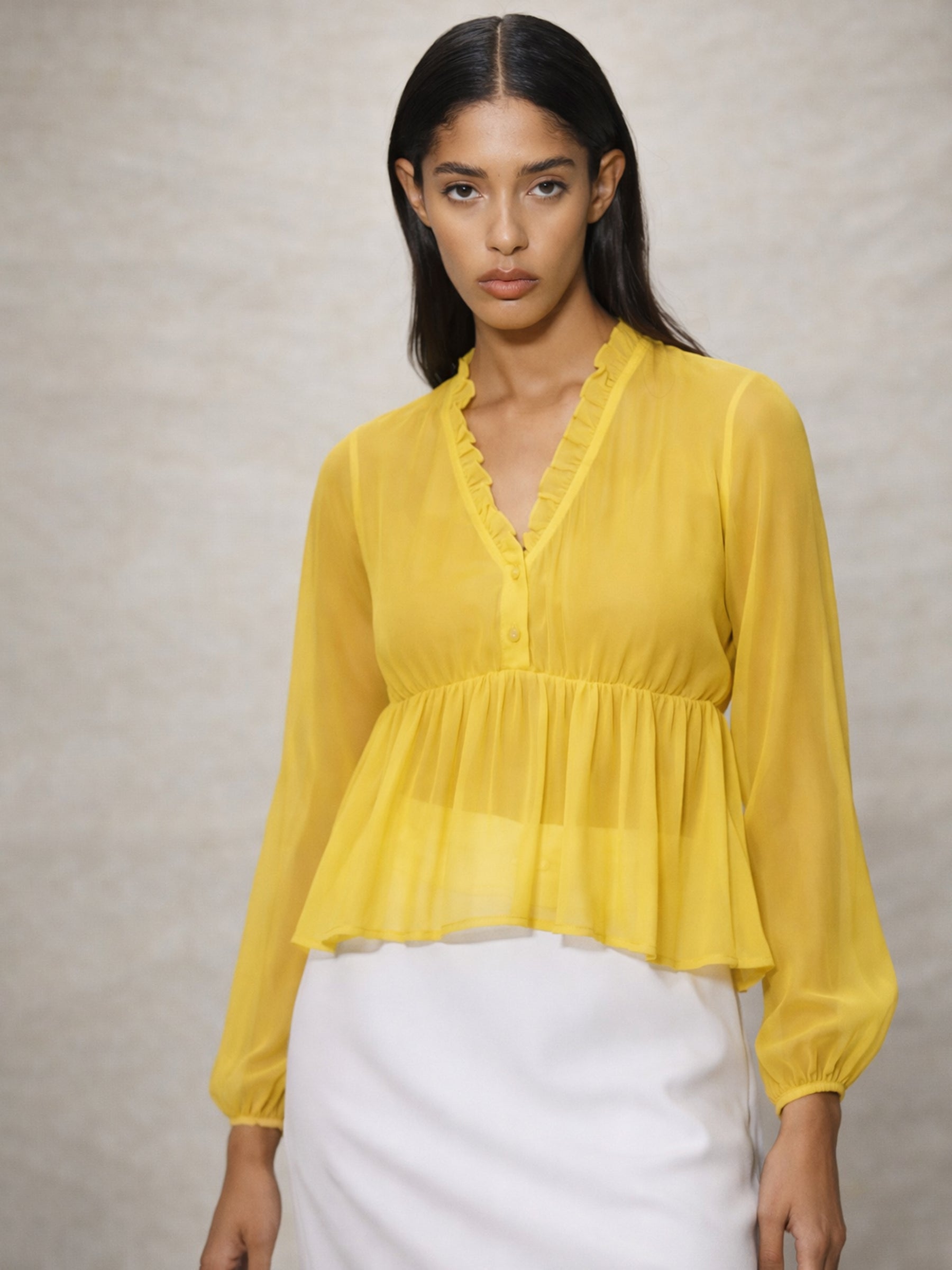 Yellow Frill Neck Peplum Top-SASSAFRAS